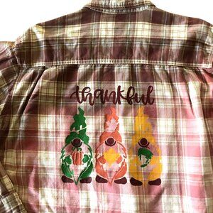 Ombre Bleached Flannel Shirt Upcycled Painted Thankful Gnomes, Plus Size XL